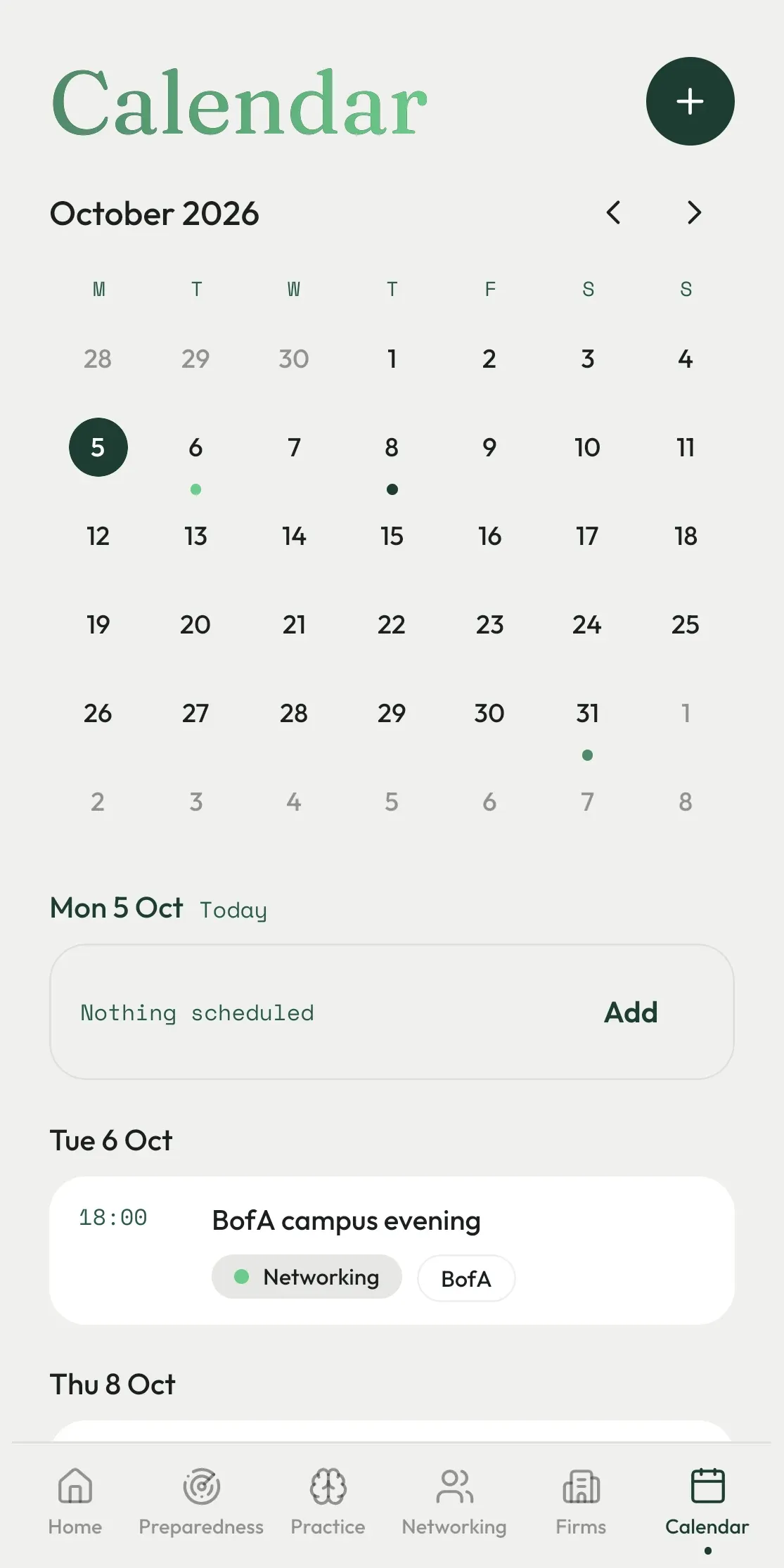 The October 2026 calendar in the app, today circled, with a BofA campus evening on Tuesday 6 October.