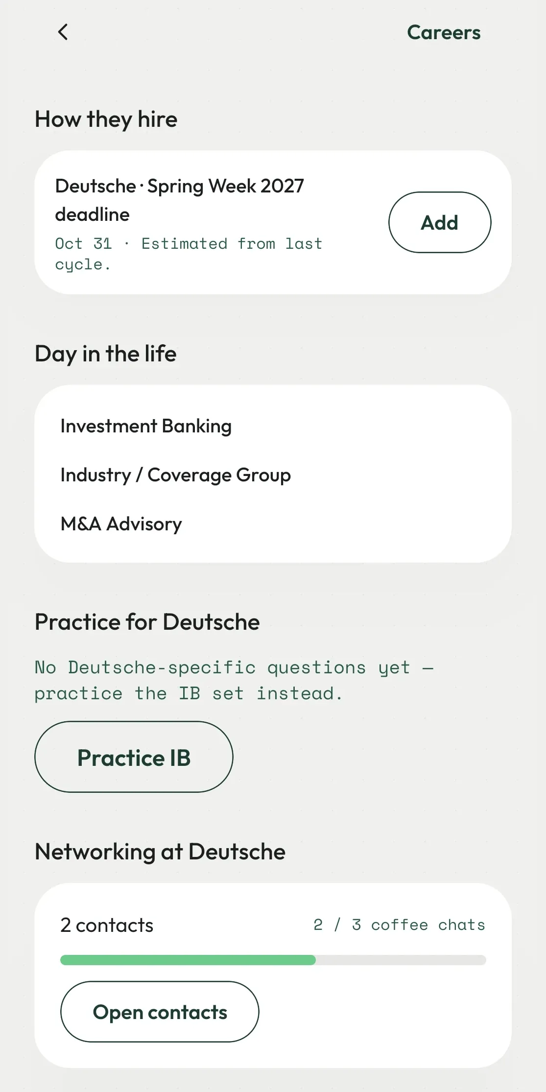A firm's page in the app: how they hire (a Spring Week 2027 deadline to add), a day in the life by division, practice for the firm and your networking there.